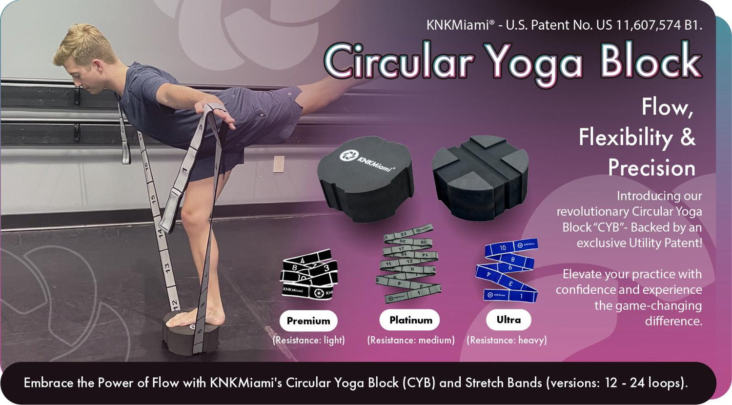 CIRCULAR YOGA BLOCK + PLATINUM PRO BUNDLE (24 Loops Medium Resistance & 11 Loops Light Resistance Stretch Bands)