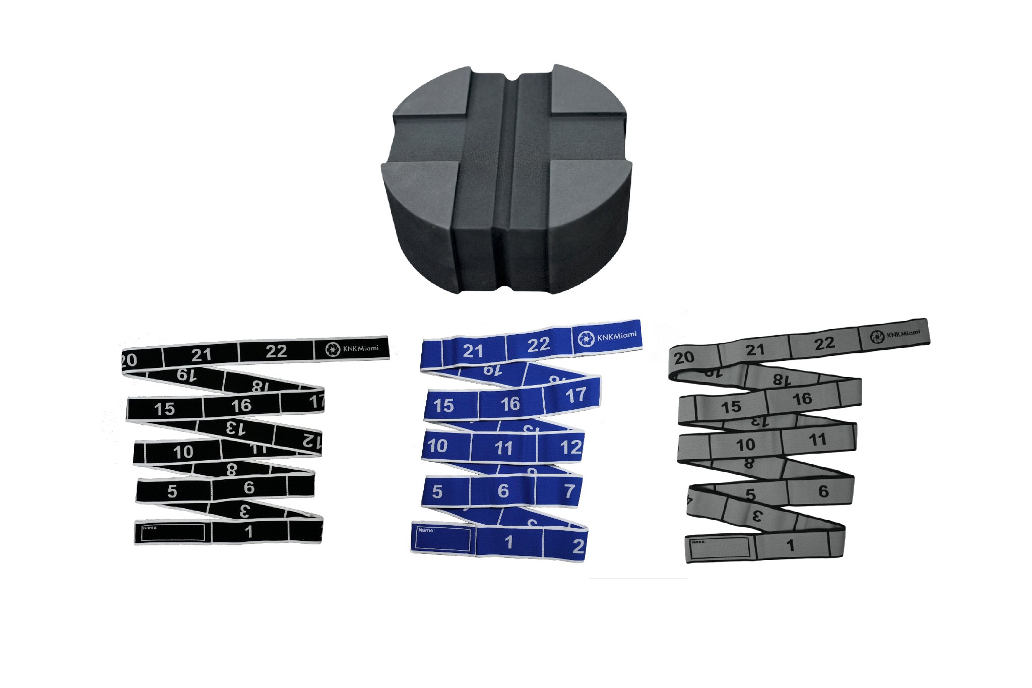 CIRCULAR YOGA BLOCK + 3 STRETCH BANDS 24 LOOPS BUNDLE - Premium (Light), Platinum (Medium), & Ultra (Heavy) Resistance