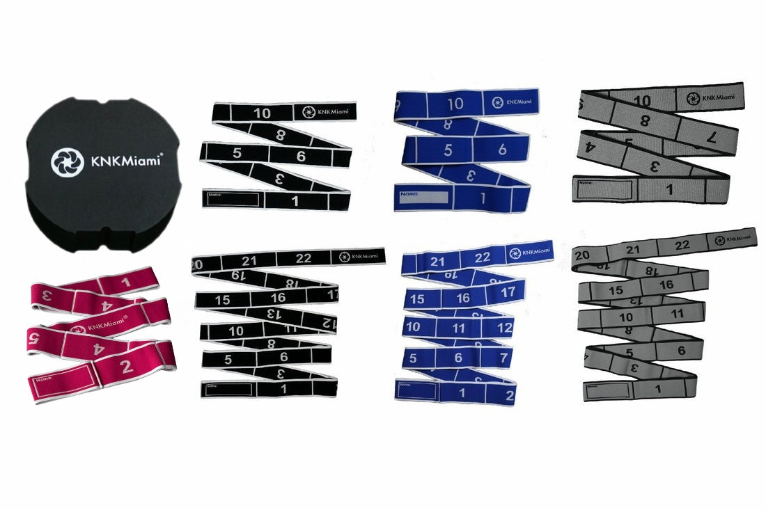 CIRCULAR YOGA BLOCK + 7 STRETCH BANDS (11 & 12 & 24) LOOPS BUNDLE - Pro (Light), Premium (Light), Platinum (Medium), & Ultra (Heavy) Resistance